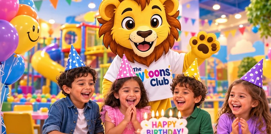 The Playtoons lion celebrating a birthday with kids