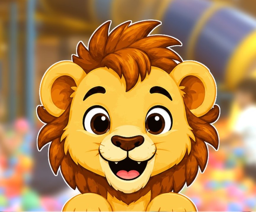 The Playtoons Club lion mascot peeking up to say hello